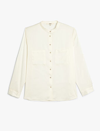 Yakasız Saten Gömlek Uzun Kollu Aplike Cep Detaylı