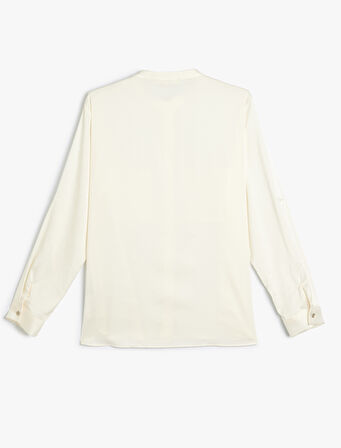 Yakasız Saten Gömlek Uzun Kollu Aplike Cep Detaylı