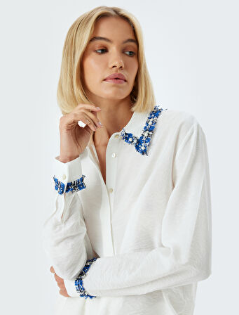 Viskon Gömlek Renk Kontrastlı Uzun Kollu