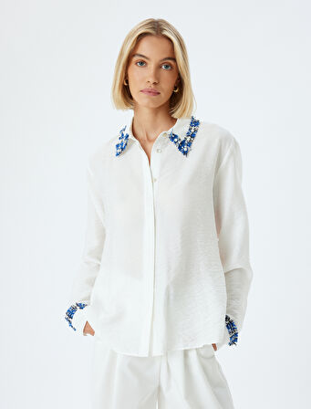 Viskon Gömlek Renk Kontrastlı Uzun Kollu