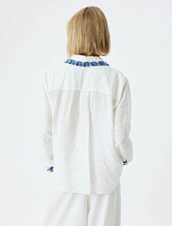 Viskon Gömlek Renk Kontrastlı Uzun Kollu