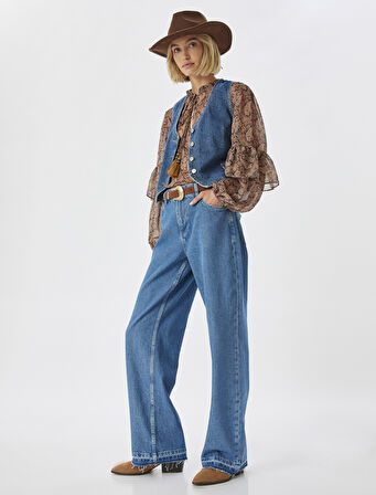 Düz Paça Çift Bel Detaylı Pamuklu Kot Pantolon - Straight Jean