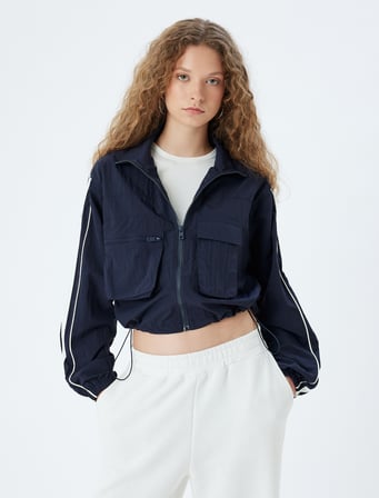 Paraşüt Ceket Crop Fermuarlı Biyeli Slim Fit Cep Detaylı Su İtici