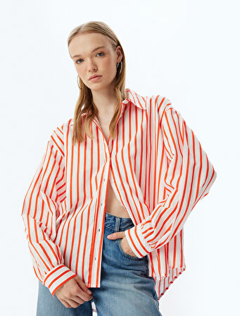 Oversize Gömlek Uzun Kollu Klasik Yaka Düğmeli Pamuklu