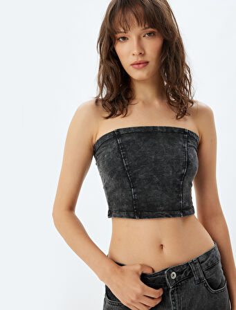 Crop Straplez Büstiyer Soluk Efektli Pamuklu Slim Fit
