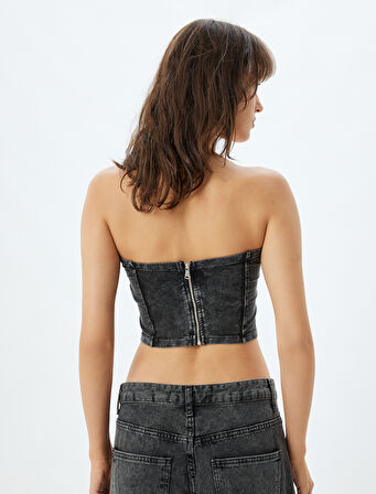 Crop Straplez Büstiyer Soluk Efektli Pamuklu Slim Fit