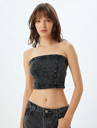 Crop Straplez Büstiyer Soluk Efektli Pamuklu Slim Fit