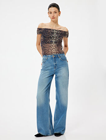 Leopar Desenli Madonna Yaka Bluz Tül Drape Detaylı