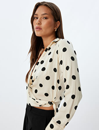 Puantiyeli Crop Saten Bluz Kruvaze V Yaka Uzun Kollu