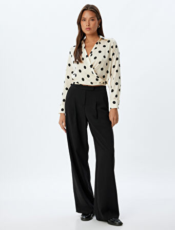 Puantiyeli Crop Saten Bluz Kruvaze V Yaka Uzun Kollu