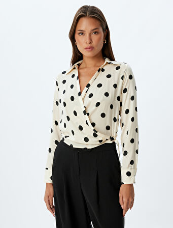 Puantiyeli Crop Saten Bluz Kruvaze V Yaka Uzun Kollu