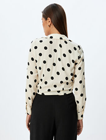 Puantiyeli Crop Saten Bluz Kruvaze V Yaka Uzun Kollu