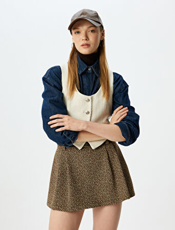 Crop U Yaka Düğmeli Kolsuz Slim Fit Yelek