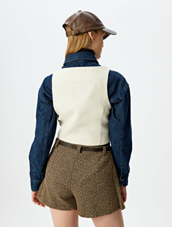 Crop U Yaka Düğmeli Kolsuz Slim Fit Yelek