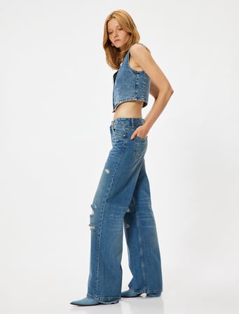 Geniş Paça Kot Pantolon Yıpratılmış Normal Bel Cepli Pamuklu - Wide Leg Jeans