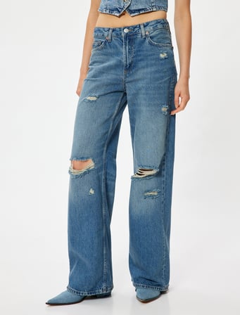 Geniş Paça Kot Pantolon Yıpratılmış Normal Bel Cepli Pamuklu - Wide Leg Jeans