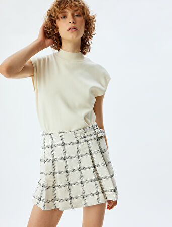 Mini Şort Etek Ekoseli Pileli Kemer Detaylı