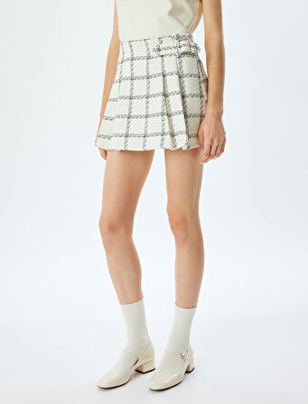 Mini Şort Etek Ekoseli Pileli Kemer Detaylı