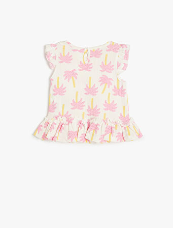 Fırfırlı Peplum Tişört Kap Kol Baskılı Yuvarlak Yaka