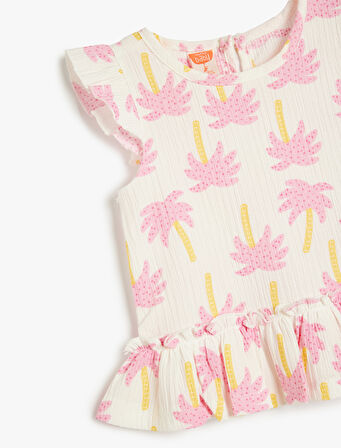 Fırfırlı Peplum Tişört Kap Kol Baskılı Yuvarlak Yaka