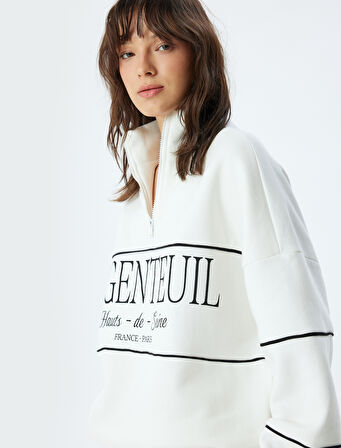 Oversize Sweatshirt Yarım Fermuarlı Dik Yaka Baskılı Üç İplik Şardonlu
