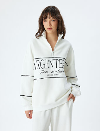 Oversize Sweatshirt Yarım Fermuarlı Dik Yaka Baskılı Üç İplik Şardonlu