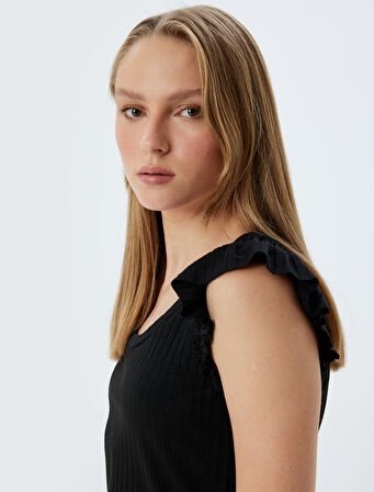 Fırfırlı Karpuz Kol Tişört Yuvarlak Yaka Ribanalı Slim Fit 