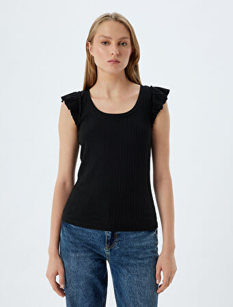 Fırfırlı Karpuz Kol Tişört Yuvarlak Yaka Ribanalı Slim Fit 