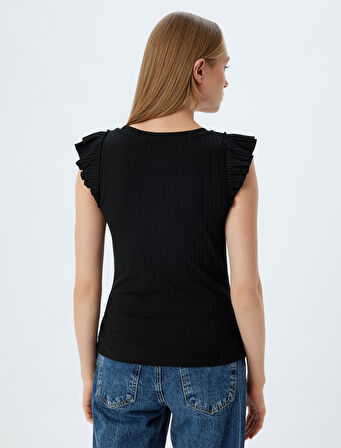 Fırfırlı Karpuz Kol Tişört Yuvarlak Yaka Ribanalı Slim Fit 