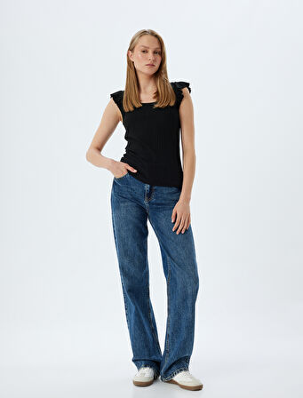 Fırfırlı Karpuz Kol Tişört Yuvarlak Yaka Ribanalı Slim Fit 