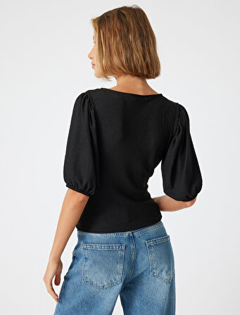 Kruvaze Balon Kol Tişört V Yaka Önden Bağlama Detaylı Slim Fit