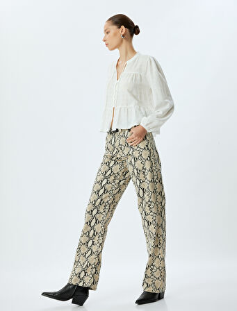 Yılan Derisi Görünümlü Pantolon Straight Fit Düz Paça Düğmeli - Straight Fit Jean