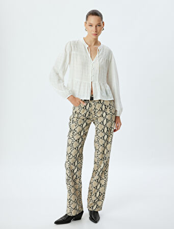 Yılan Derisi Görünümlü Pantolon Straight Fit Düz Paça Düğmeli - Straight Fit Jean