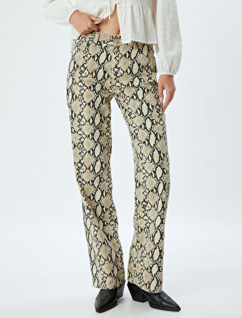 Yılan Derisi Görünümlü Pantolon Straight Fit Düz Paça Düğmeli - Straight Fit Jean