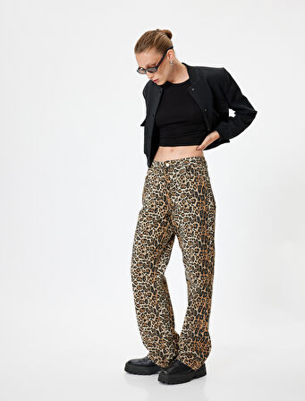 Leopar Pantolon Normal Bel Straight Fit Cepli Düğmeli