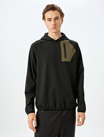 Kapşonlu Fermuar Cep Detaylı Renk Kontrastlı Spor Sweatshirt