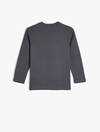 Tişört Slogan Baskı Detaylı Uzun Kollu Bisiklet Yaka Pamuklu