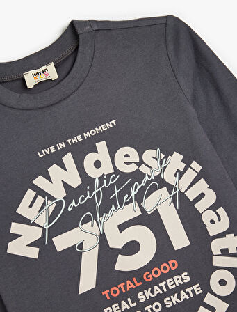 Tişört Slogan Baskı Detaylı Uzun Kollu Bisiklet Yaka Pamuklu