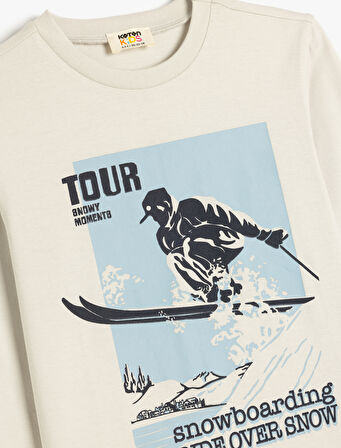 Kayak Baskılı Tişört Uzun Kollu Bisiklet Yaka Pamuklu