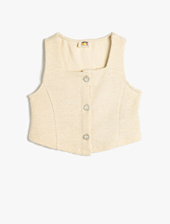 Tüvit Krop Yelek Kare Yaka Kolsuz İnci Düğmeli 