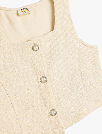 Tüvit Krop Yelek Kare Yaka Kolsuz İnci Düğmeli 