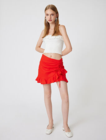 Fırfırlı Mini Keten Şort Etek Slim Fit Fiyonk Detaylı