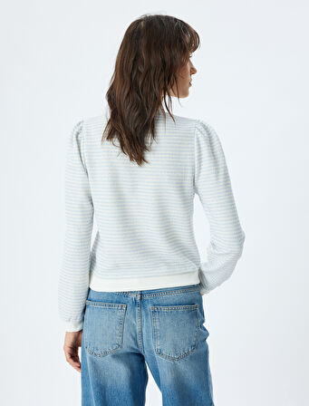 Bisiklet Yaka Düğme Detaylı Tüvit Çizgili Sweatshirt