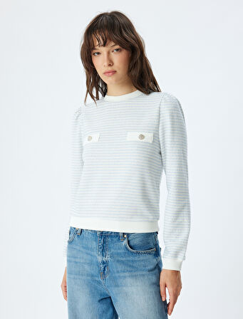 Bisiklet Yaka Düğme Detaylı Tüvit Çizgili Sweatshirt