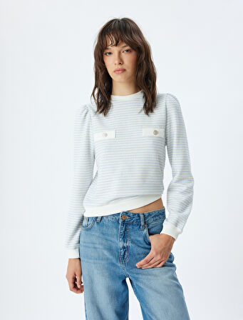 Bisiklet Yaka Düğme Detaylı Tüvit Çizgili Sweatshirt