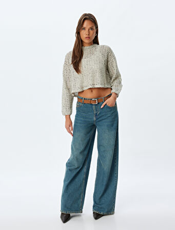 Ajurlu Crop Kazak Uzun Kollu Bisiklet Yaka