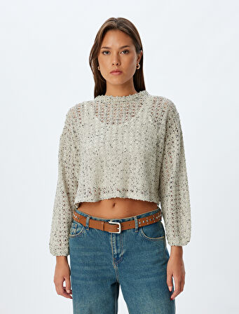 Ajurlu Crop Kazak Uzun Kollu Bisiklet Yaka