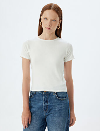 Fitilli Tişört Kısa Kollu Bisiklet Yaka Viskon Kumaş