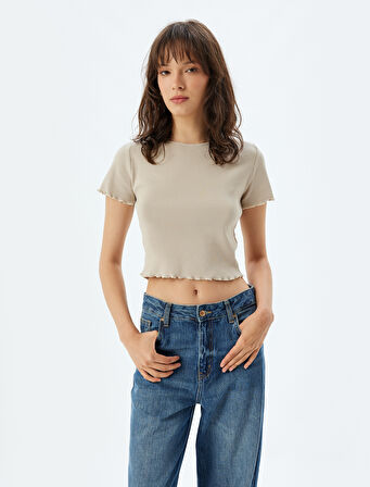 Crop Fitilli Tişört Kısa Kollu Bisiklet Yaka Pamuklu