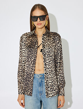 Leopar Saten Gömlek Uzun Kollu